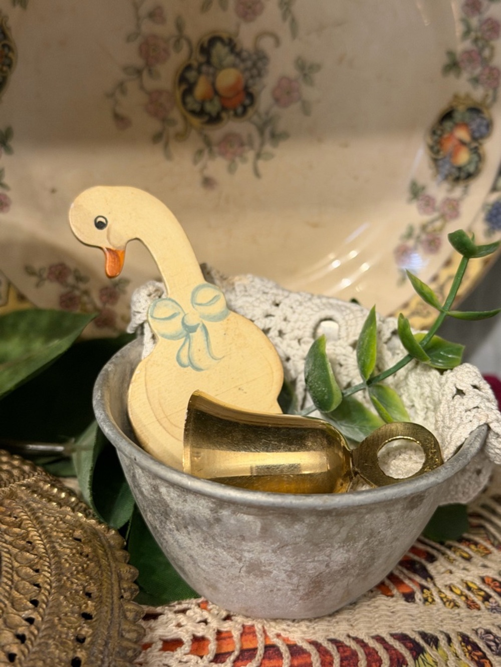 Wooden duck goose magnet mini vignette Gold Bell vintage measuring cup cottage